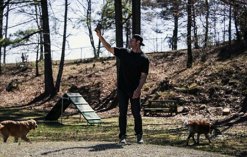 Lee Asher creates video on his phone Saturday as two of his dogs enjoy the dog park at the Little Rock Animal Village. Asher travels around the U.S. with his six dogs, on a mission to help get other dogs rescued. 
