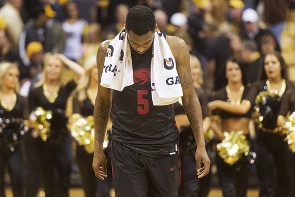 Arkansas' Arlando Cook walks off the court after his team lost to Missouri in an NCAA college basketball game Saturday, March 3, 2018, in Columbia, Mo. (AP Photo/L.G. Patterson)

