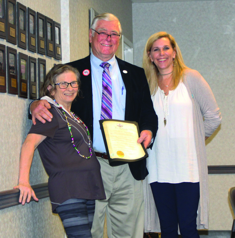 Proclamation: From left, Barbara Hogg, Mayor Frank Hash and Kristin Trulock, national coordinator for the Parkinson’s Foundation. Hash attended the El Dorado Parkinson’s support group on Feb. 15 and proclaimed April as Parkinson’s disease awarness month in El Dorado. Trulock was the guest speaker and discussed the foundation and an upcoming Moving Day walk.