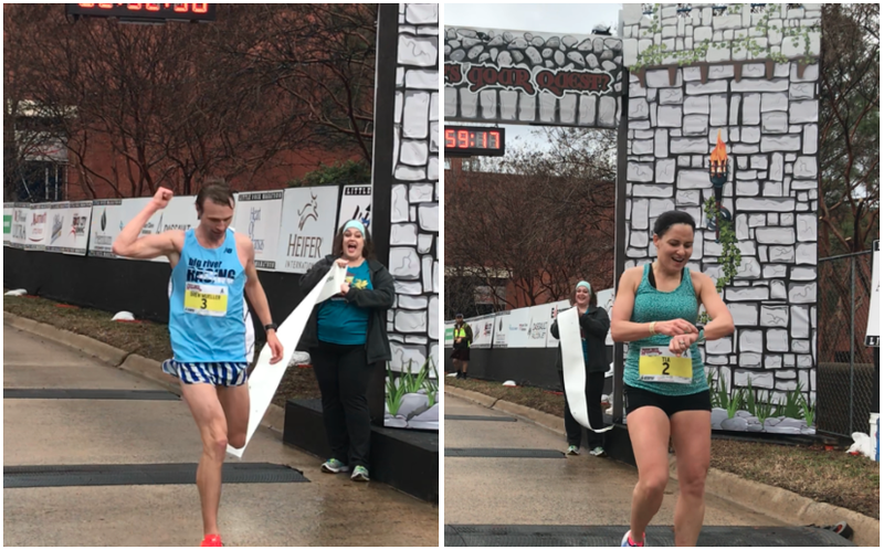 Drew Mueller, left, crosses the finish line to win the men's 2018 Little Rock Marathon. At right, Tia Stone is shown shortly after winning the women's race.
