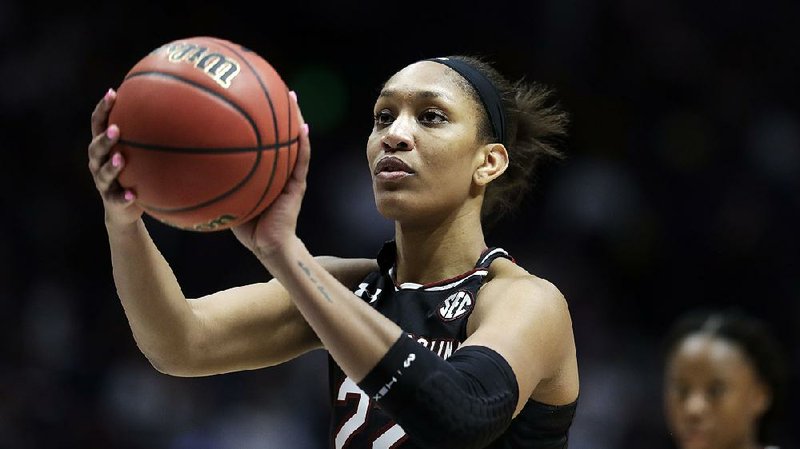South Carolina forward A'ja Wilson shoots a free throw in the second half of the NCAA college basketball championship game against Mississippi State at the women's Southeastern Conference tournament Sunday, March 4, 2018, in Nashville, Tenn. 