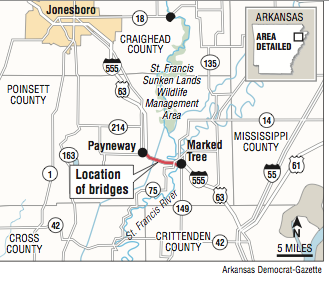 A map showing the location of Interstate 555 bridges 