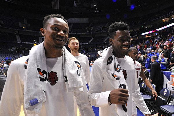 C.J. Jones and Adrio Bailey smile coming off the court on March 10, 2017 at the SEC Tournament at the Bridgestone Arena in Nashville.