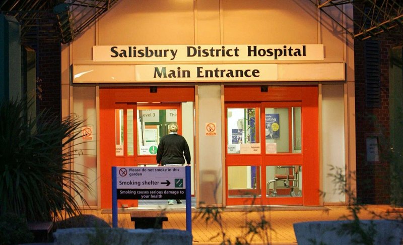 FILE - This is a Aug. 16, 2005 file photo of the main entrance of Salisbury District Hospital, in Salisbury, England.  (Tim Ockenden/PA via AP, File)