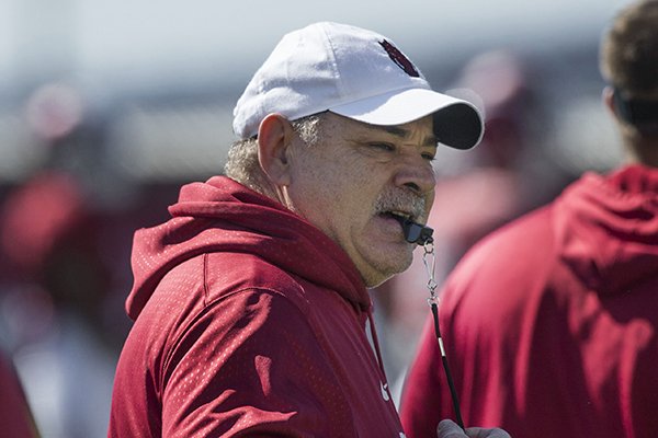 John Chavis, Arkansas defensive coordinator, leads drills Saturday, March 3, 2018, during Arkansas football spring practice at the Fred W. Smith Football Center in Fayetteville.
