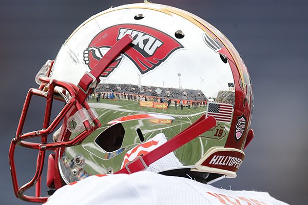Ladd–Peebles Stadium is reflected in south squad wide receiver Deon Yelder of Western Kentucky during South team's practice for Saturday's Senior Bowl college football game in Mobile, Ala.,Wednesday, Jan. 24, 2018.(AP Photo/Brynn Anderson)