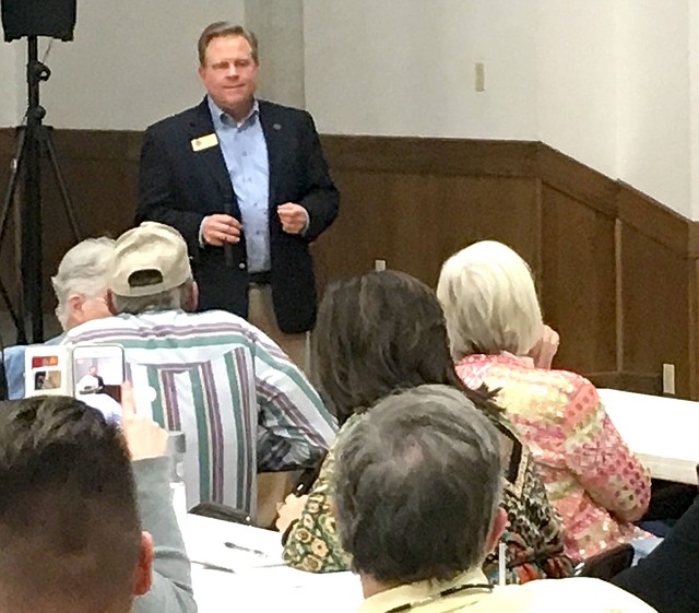 Benton County Judge Barry Moehring (top, center) answered a question from a Decatur resident during the Town Hall Meeting in the community room at Decatur City Hall in Decatur Feb. 26.