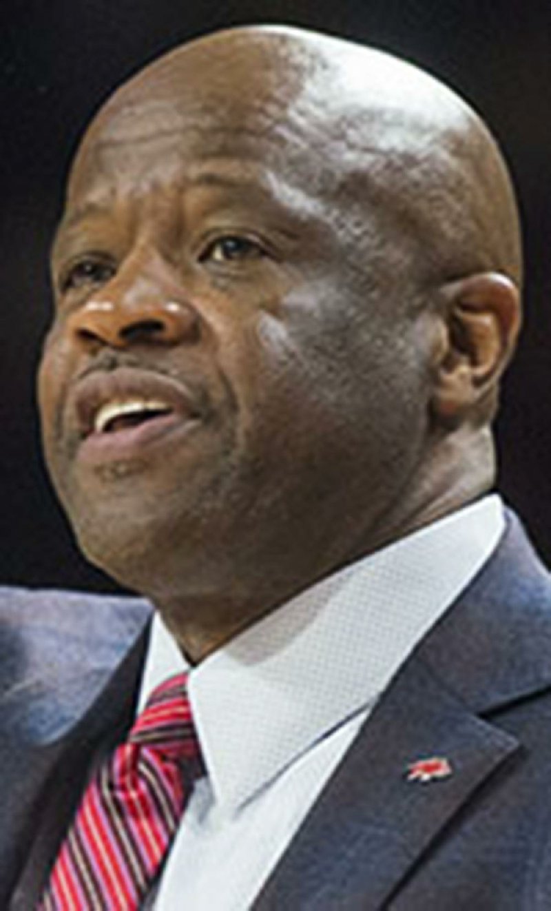 Mike Anderson, Arkansas head coach, makes a call in the second half against Texas A&M Saturday, Feb. 17, 2018, during the game at Bud Walton Arena in Fayetteville. 