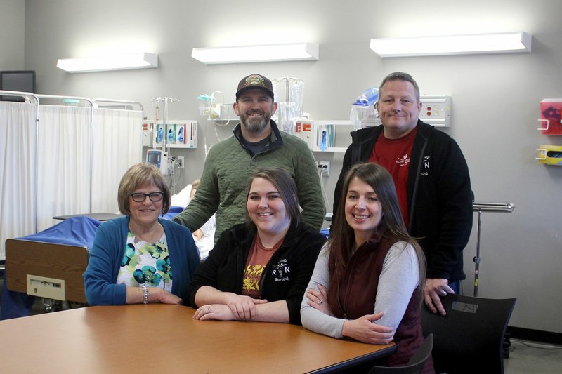 MEGAN DAVIS/MCDONALD COUNTY PRESS Nursing students from Crowder College Jane's campus prepare for graduation in May. From the left are instructor Janet Ross, students Jay Gresham, Maegan Mooberry and Charles Requa, and coordinator Rachel Feagens.