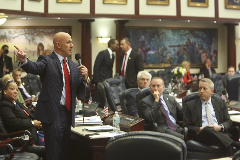 Rep, Joseph Abruzzo, D- Boyton Beach, left, debates the gun/school safety bill on the floor of the House, Wednesday, March 7, 2018 in Tallahassee. (Scott Keeler/The Tampa Bay Times via AP)