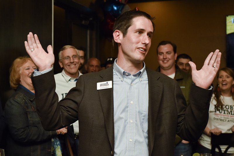 Smith County District Attorney candidate Jacob Putman speaks after learning of his win during a primary election night watch party at Dakota's in Tyler, Texas, on Tuesday, March 6, 2018. (Chelsea Purgahn/Tyler Morning Telegraph via AP)