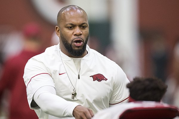 Arkansas strength and conditioning coach Trumain Carroll is shown prior to practice Saturday, March 3, 2018, in Fayetteville. 