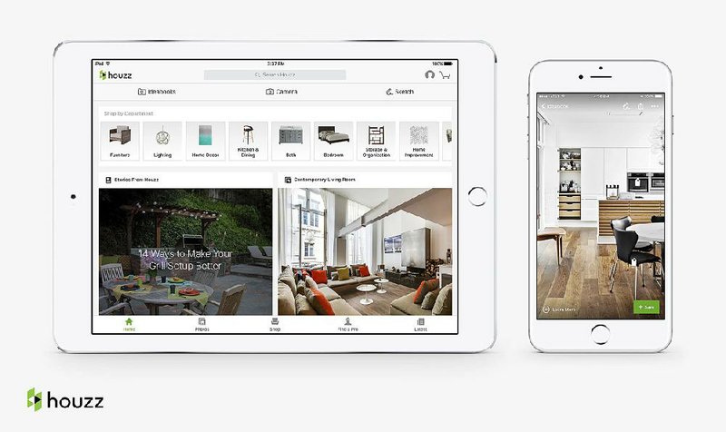 The Houzz is shown on a tablet and smartphone. Houzz has more than 16 million photos of professionally designed interiors and exteriors to provide inspiration, and in some cases, buying options.