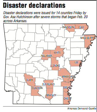 A map showing Arkansas counties that had Disaster declarations issued