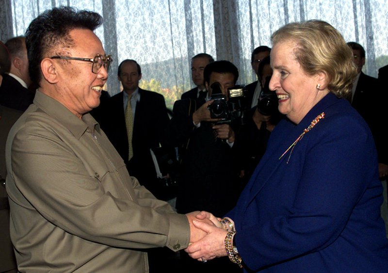 FILE - In this Oct. 23, 2000, file photo, North Korean Leader Kim Jong Il, left, shakes hands with U.S. Secretary of State Madeleine Albright at the Pae Kha Hawon Guest House in Pyongyang. U.S. President Donald Trump could become the first sitting U.S. president to visit North Korea if plans for a summit with Kim Jong Un hold. But other prominent American political figures have visited Pyongyang in the past, many with a similar goal of trying to stop its nuclear program. Albright is the highest-level U.S. official to visit North Korea while in office (AP Photo/David Guttenfelder, Pool, File)