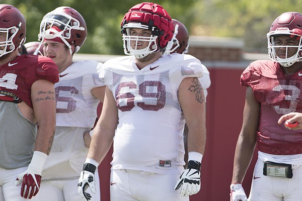 Arkansas offensive lineman Dylan Hays watches during practice Saturday, July 29, 2017, in Fayetteville. 