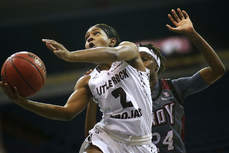 UALR guard Monique Townson (2) scored 11 points, had 5 rebounds and 5 assists in UALR’s 66-63 victory over Troy in the Sun Belt Conference semifinals on Saturday in New Orleans.