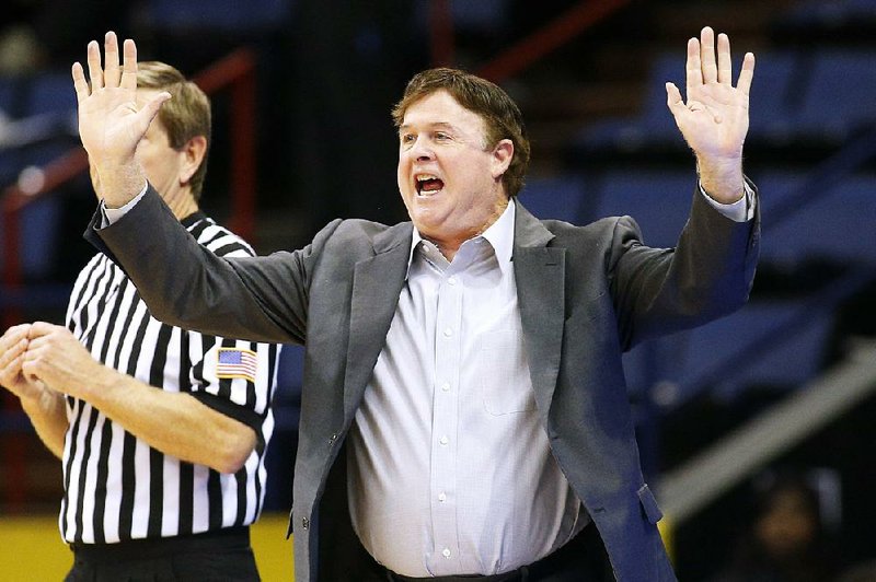 Special to the Arkansas Democrat Gazette/JONATHAN BACHMAN - 03/11/2017 LA - UALR head coach Joe Foley reacts during first half action against Louisiana Lafayette  in the semifinal round of the Sunbelt Tournament in New Orleans, March 11, 2017.  