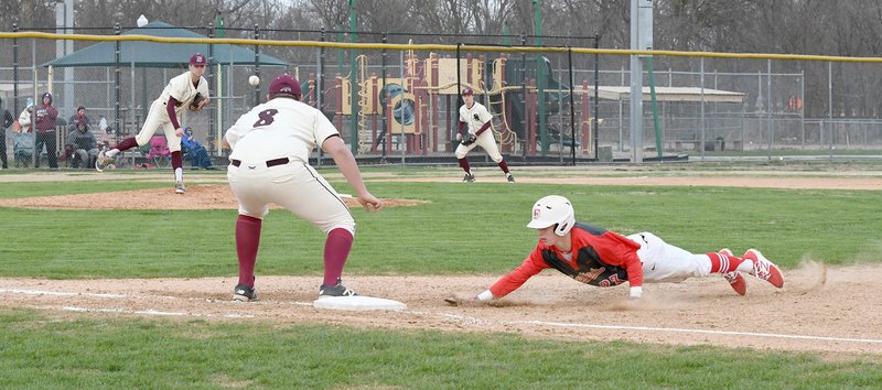 Bud Sullins/Special to Siloam Sunday Siloam Springs pitcher Taylor Pool attempts a pickoff as first baseman Jackson Knight prepares to catch the ball and Farmington's Drew Sturgeon dives back safely. Farmington defeated Siloam Springs 17-3 in five innings.