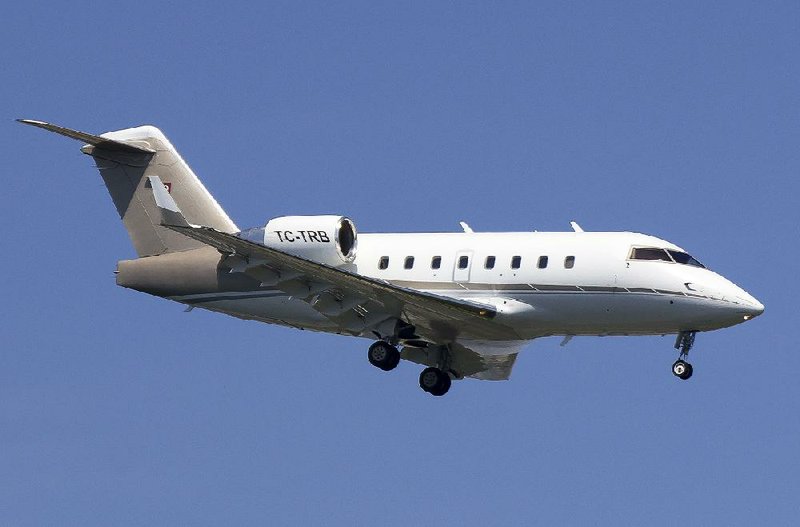 A Bombardier CL604 aircraft lands in Istanbul in this May 2016 file photo. Authorities said the private jet, with tail number TC-TRB, crashed Sunday night in Iran, killing all 11 people on board.