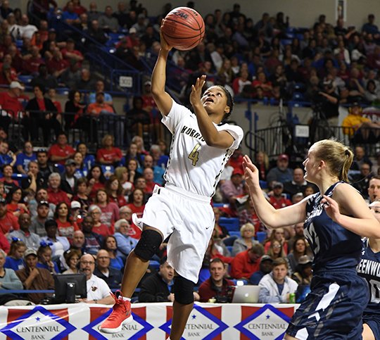 Jonesboro's Kayla Mitchell (4) shoots at hoop at the State Championship game on Saturday March 10, 2018. (Rebekah Hedges/The Sentinel-Record)