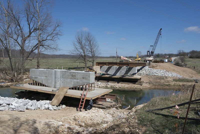 NWA Democrat-Gazette/J.T. WAMPLER Work continues Wednesday March 7, 2018 on Wildcat Creek Bridge on Old Highway 68 in Benton County. Benton County has several major bridge projects in the works. Replacement of Spanker Creek Bridge and Wagon Wheel Road Bridge are soon to follow.