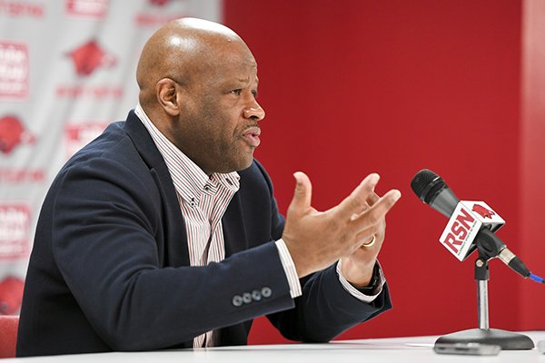 Arkansas Razorbacks head coach Mike Anderson fields questions during a media conference after the NCAA selection show, Sunday, March 11, 2018 at Bud Walton Arena in Fayetteville. The Razorbacks will play Butler in Detroit on Friday.