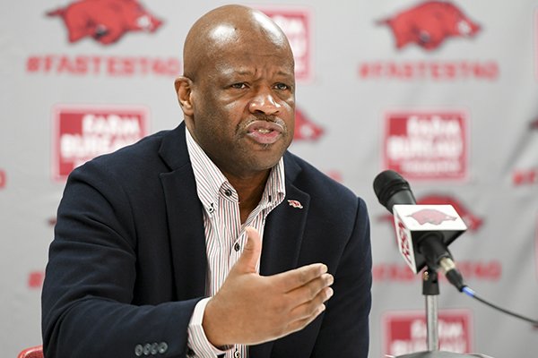 Arkansas Razorbacks head coach Mike Anderson fields questions during a media conference after the NCAA selection show, Sunday, March 11, 2018 at Bud Walton Arena in Fayetteville. The Razorbacks will play Butler in Detroit on Friday.