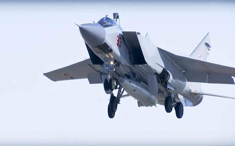 In this photo made from the footage taken from Russian Defense Ministry official web site on Sunday, March 11, 2018, a MiG-31 fighter jet of the Russian air force carrying the new Kinzhal hypersonic missile takes off from an air base in southern Russia. The Russian military says it has run a successful test of the Kinzhal missile, that President Vladimir Putin sited among several other new nuclear weapons that would bolster the nation's military capability. (AP Photo/ Russian Defense Ministry Press Service, File)