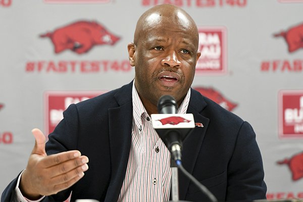 Arkansas Razorbacks head coach Mike Anderson fields questions during a media conference after the NCAA selection show, Sunday, March 11, 2018 at Bud Walton Arena in Fayetteville. The Razorbacks will play Butler in Detroit on Friday.