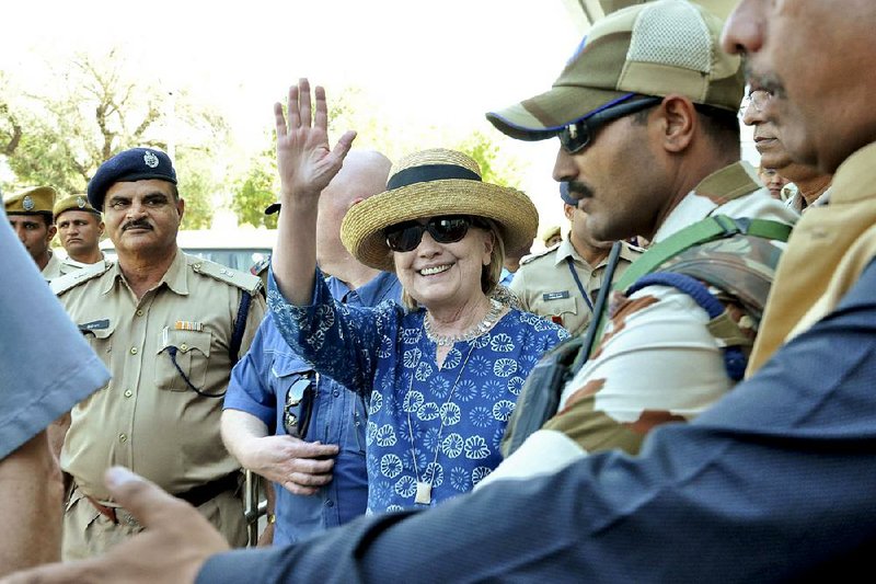 Former U.S. Secretary of State Hillary Clinton arrives Tuesday in Jodhpur, India.