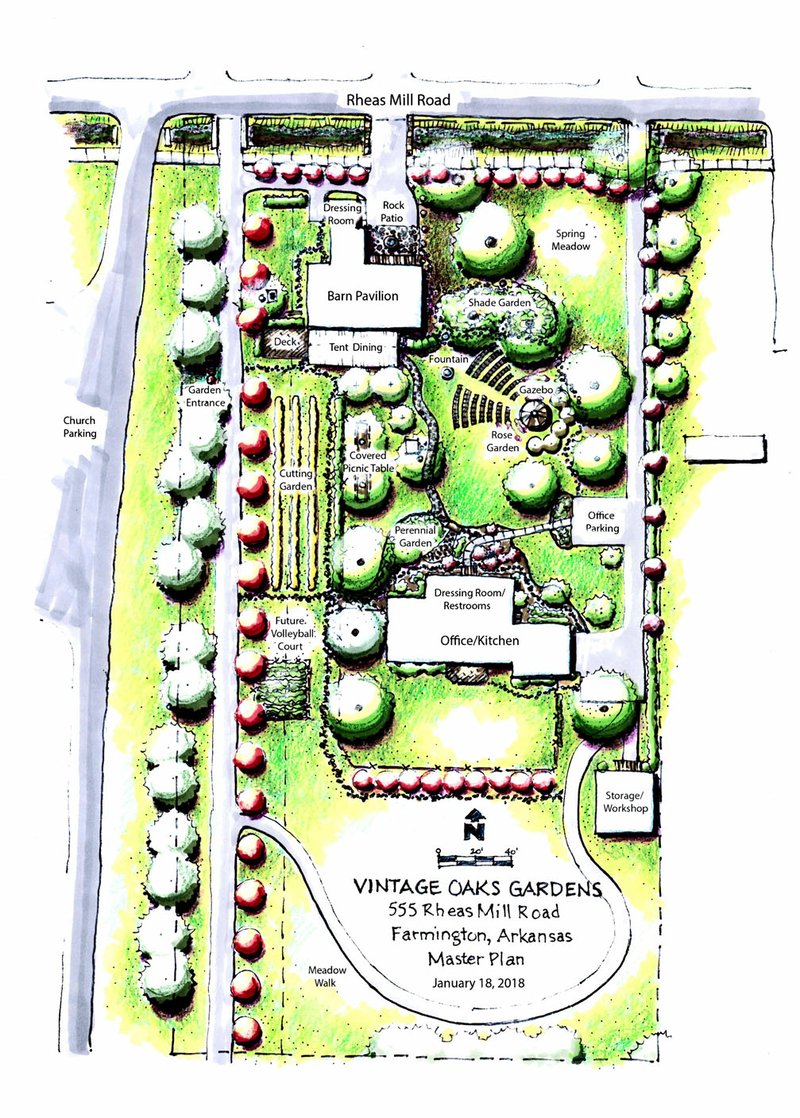 COURTESY PHOTO This shows the concept plan for Vintage Oaks Gardens. It includes a barn, office, restrooms/dressing rooms, gardens, gazebo, covered picnic table and future volleyball court.