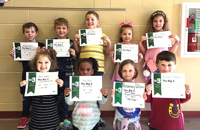 Photo submitted First-grade students are shown after receiving their Big 3 Awards March 2: Kyrie Conklin (front, left), Nelly King, Rosemary Wilson, Richard McNames, Bradley DeGraf (back, left), Ezekiel Bright, Leon Gil-Torres, Medra Trosper and Bella Franco.