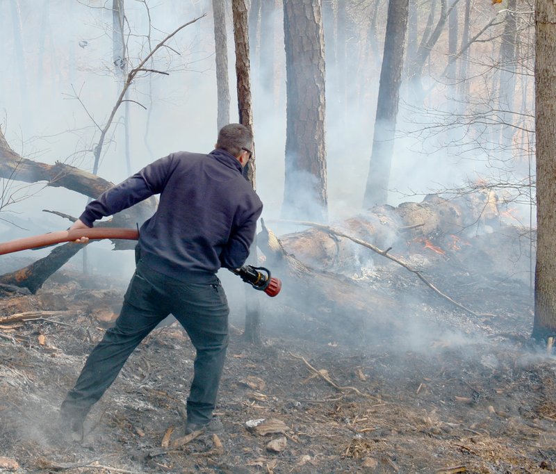 Keith Bryant/The Weekly Vista Battalion Chief Chuck Lawson drags his hose closer to a burning log.