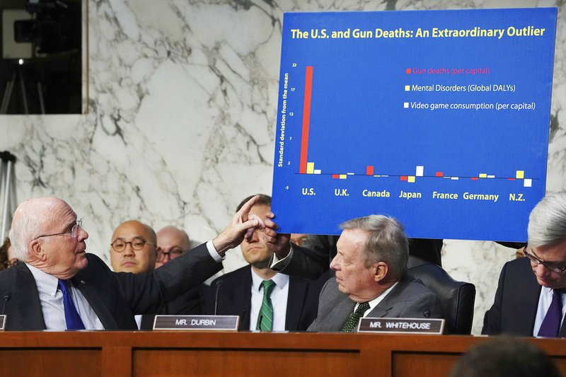 Sen. Patrick Leahy, D-Vt., left, gestures to a sign with statistics on gun deaths in the U.S. and other countries, during a Senate Judiciary Committee hearing on the Parkland, Fla., school shootings and school safety Wednesday, March 14, 2018, on Capitol Hill in Washington.