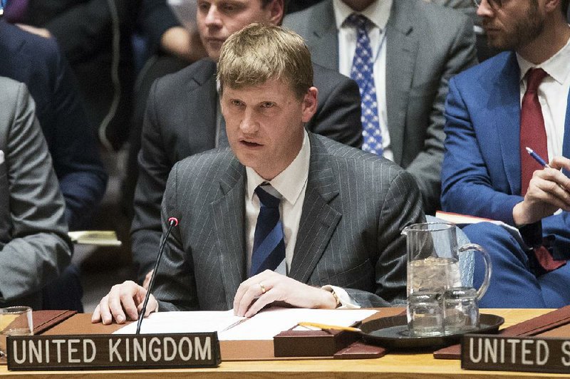 British Deputy Ambassador to the United Nations Jonathan Allen speaks during a Security Council meeting Wednesday on the situation between Britain and Russia. Britain called for the urgent meeting in the wake of a nerve-agent poisoning that it blames on Russia.  