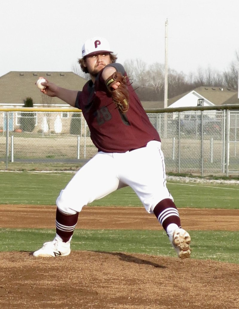 Westside Eagle Observer/RANDY MOLL Myles McFerron throws a pitch during play in Gentry against Jay, Okla., on Thursday.