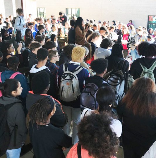 Submitted photo PEACEFUL PROTEST: Students gather in the covered pavilion behind Hot Springs World Class High School on Wednesday and read the names and biographies of the 17 people killed in Parkland, Fla., on Feb. 14. Photo courtesy of the Hot Springs School District.