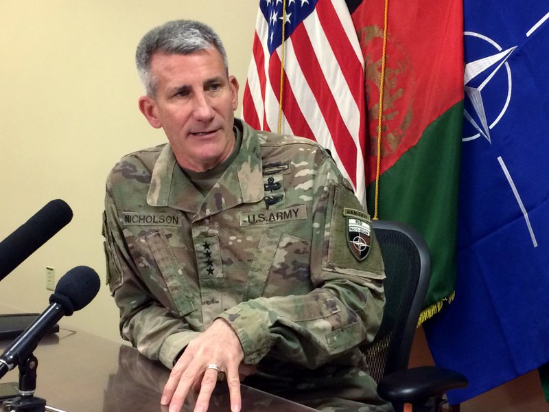 Gen. John Nicholson, the top American commander in Afghanistan, speaks to reporters Wednesday, March 14, 2018 at Bagram air base north of Kabul, Afghanistan. Nicholson spoke about prospects for peace talks with the Taliban. (AP Photos/Robert Burns)