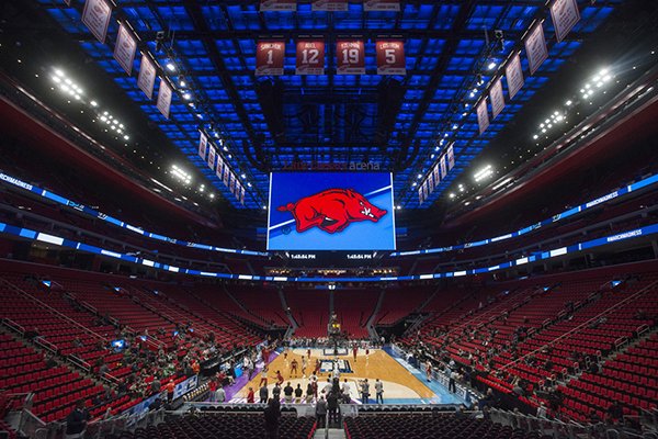 An Arkansas logo appears on the videoboard at Little Caesars Arena during the Razorbacks' practice Thursday, March 15, 2018, in Detroit. 