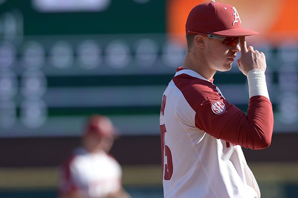 Arkansas third baseman Casey Martin watches during a game against Texas on Wednesday, March 14, 2018, in Fayetteville. 