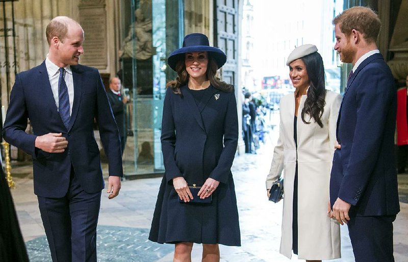 Britain’s Prince William (from left), Kate the Duchess of Cambridge, Meghan Markle and Prince Harry arrive for the recent Commonwealth Service at London’s Westminster Abbey in uncommon fashion.
