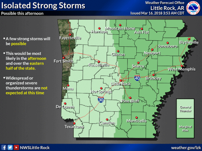 A marginal risk for severe weather is in place for eastern Arkansas on Friday, March 16, 2018, according to the National Weather Service.