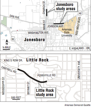 Maps showing the Little Rock study area and the Jonesboro study areas
