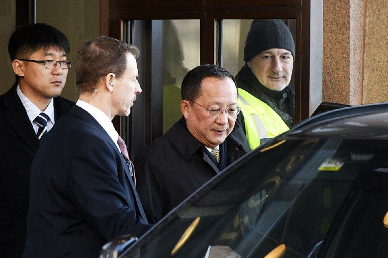 Ri Yong Ho, North Korean foreign minister, leaves the Swedish government building in Stockholm after a meeting Friday with Prime Minister Stefan Lofven.
