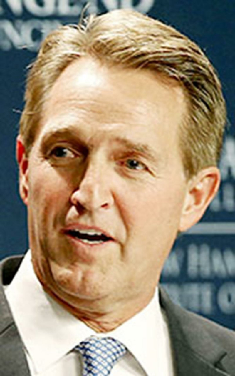 Sen. Jeff Flake, R-Ariz., speaks at the New Hampshire Institute of Politics at Saint Anselm College in Manchester, N.H. Friday, March 16, 2018. 