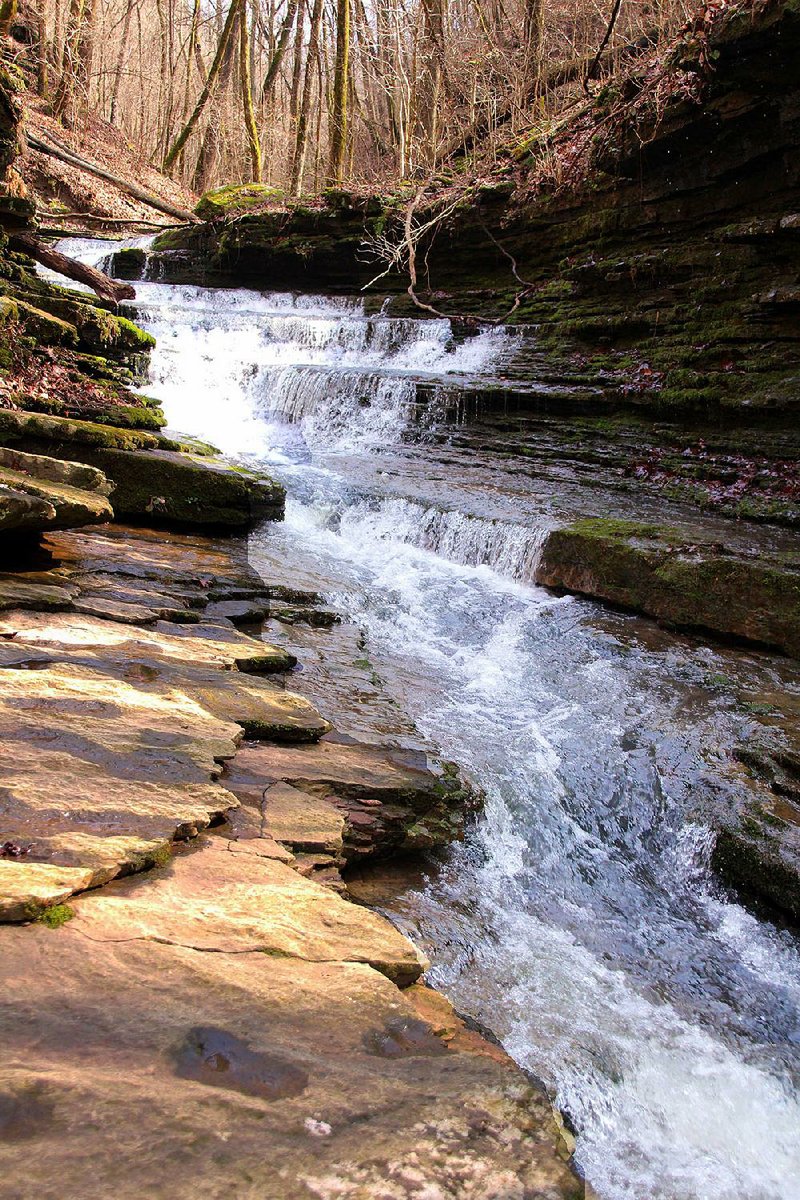 Slippery footing through a slot canyon made enjoying the beauty of Horsehead Creek a bit of a challenge March 1 for bushwhackers determined to see six waterfalls in one day.