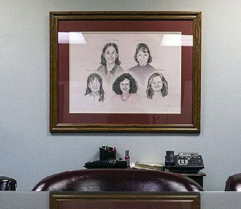 framed sketch in the conference room of the local prosecutor’s office shows those who died in the Westside shootings: Natalie Brooks, 11, and Britthney Varner, 11 (top row, from left); and Paige Herring, 12; English teacher Shannon Wright, 32, and Stephanie Johnson, 12 (bottom row, from left).