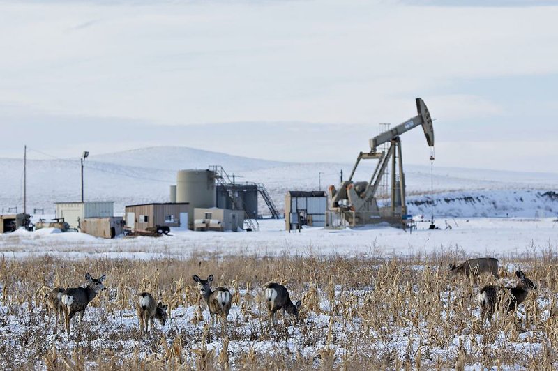 Mule deer graze earlier this month in a field near a pumpjack in the Bakken Formation outside Williston, N.D. Service companies that map oil fi elds, set up drilling and pump oil generate troves of data that are potentially valuable commodities, but who owns that data isn’t clear.
