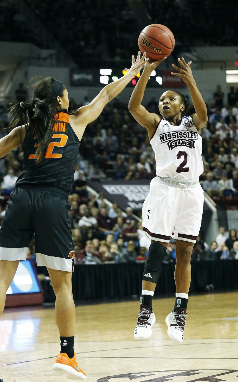 Mississippi State guard Morgan William (2) scored 17 points to lead Mississippi State to a 71-56 victory over Oklahoma State in the second round of the women’s NCAA Tournament in Starkville, Miss. on Monday night.